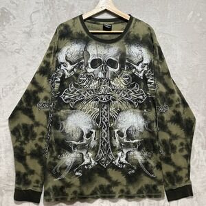 Vintage MMA Elite Thermal Men's 2XL Long Sleeve Waffle Knit Skull Cross Y2K